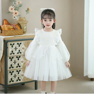 春秋冬长袖女童白色连衣裙花童婚纱裙儿童公主裙蓬蓬裙子演出礼服