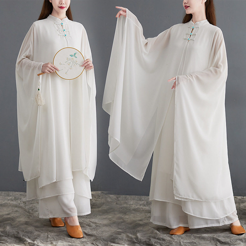 民族风文艺复古茶服女春秋仙气禅舞服白色瑜伽疗愈服冥想太极连衣