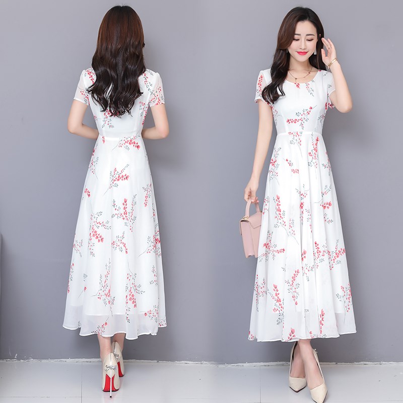 2019夏装新款长款过膝收腰显瘦大摆印花雪纺短袖连衣裙女碎花长裙在类目 女装/女士精品, 连衣裙中 - 来自Buy2taobao.com提供专业的淘宝代购服务
