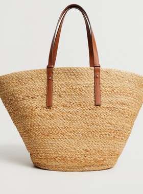 MANGO草编包2025新款手提包度假沙滩包大容量编织包菜篮子托特包