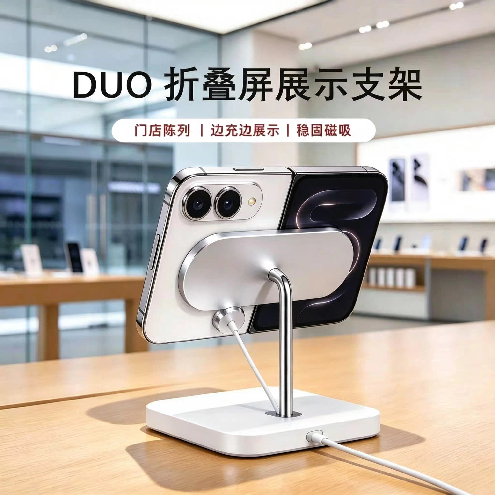适用于苹果手机折叠屏磁吸式防盗报警器iphoneduo无线充电展示架
