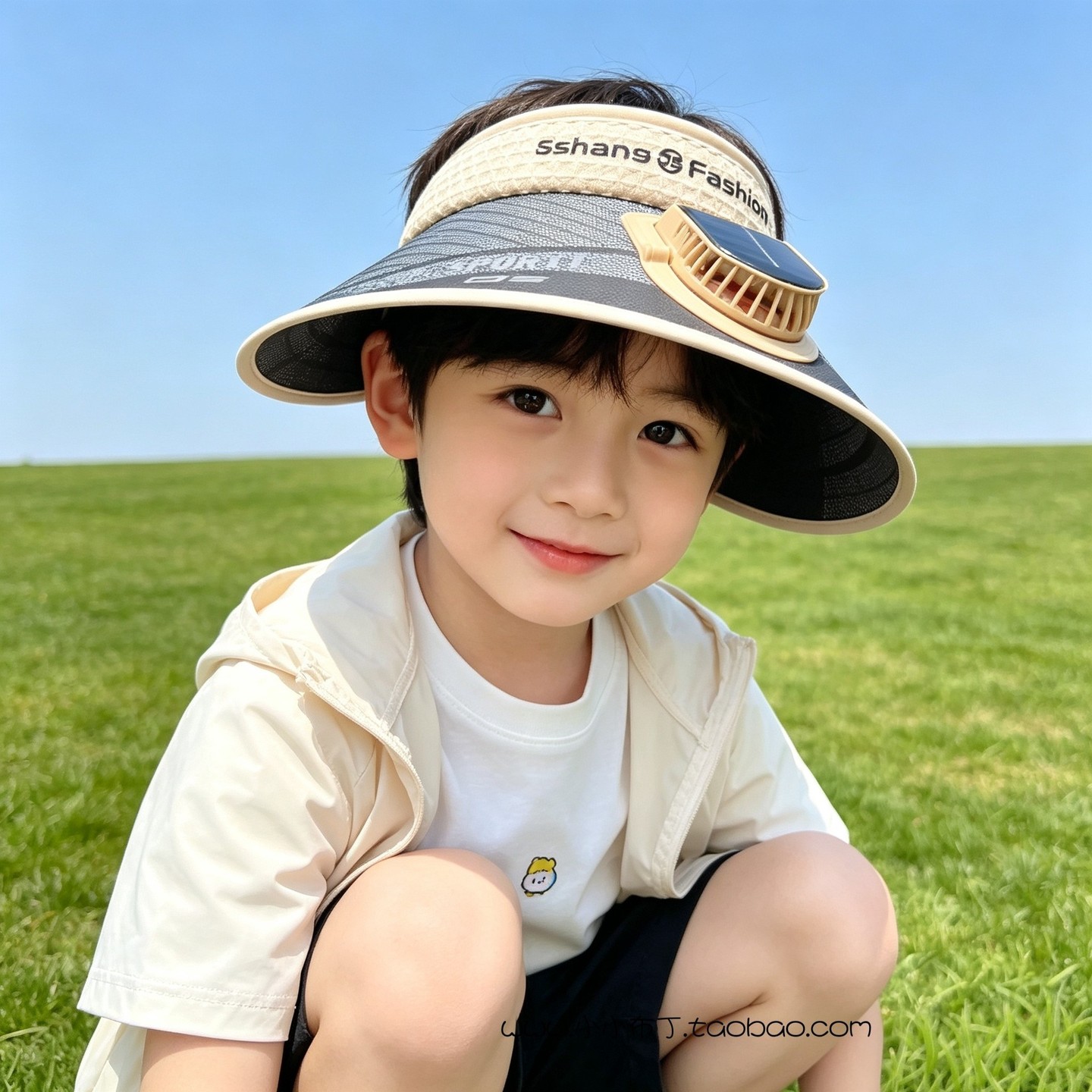 儿童防晒帽太阳能风扇帽大檐男女童帽子夏季中小学生遮阳帽空顶帽