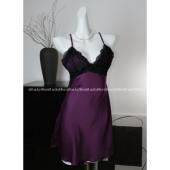 LuckyHive 性感女睡衣冰丝绸家居服镂空带胸垫吊带睡裙 黑撞紫