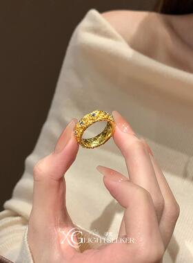 S925纯银重工金色蓝钻戒指女
