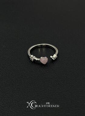 S925纯银粉色爱心戒指女