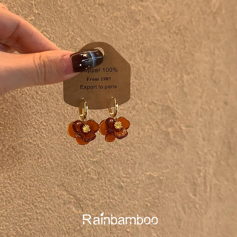花韵秋色~S925纯银美拉德琥珀色立体花朵耳扣耳环轻奢高级感耳饰