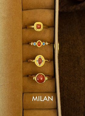 S925纯银复古红色宝石金色戒指女