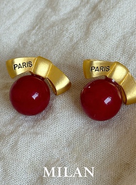 S925纯银精致蝴蝶结红珠耳钉女