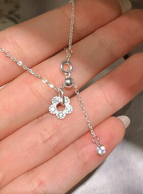S925纯银满钻花朵吊坠项链女