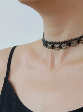墨烟新中式choker黑色蕾丝项链