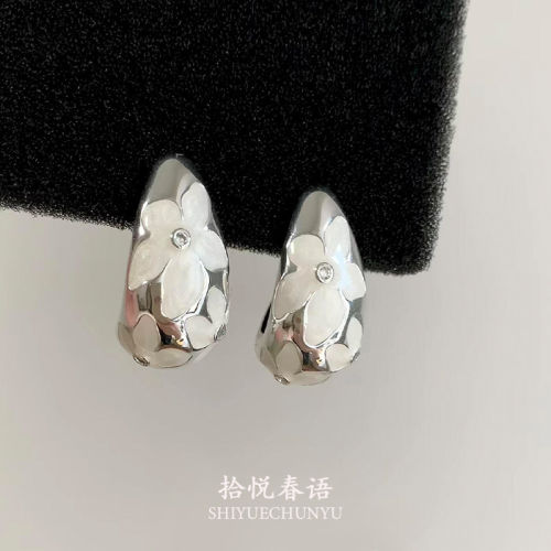 S925纯银珐琅花朵圆圈耳钉女
