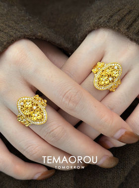 S925纯银镂空花窗金色椭圆戒指女