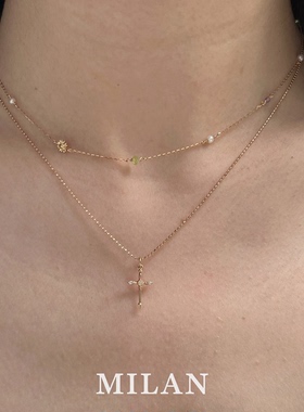 S925纯银叠戴金色十字架项链女