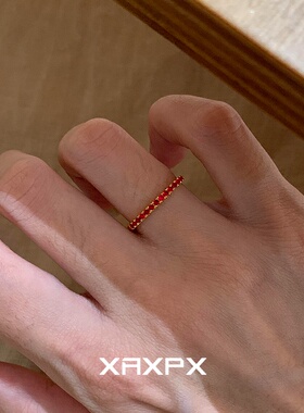 满钻红色宝石极细款素圈戒指女