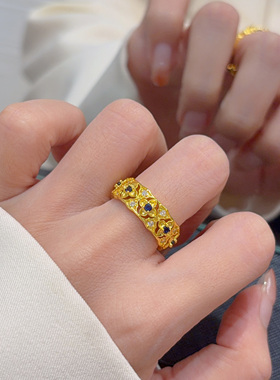 S925纯银重工金色蓝钻戒指女