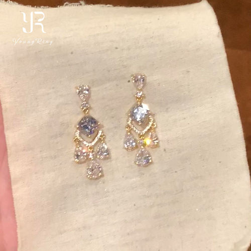 S925纯银金色闪钻水滴流苏耳钉女