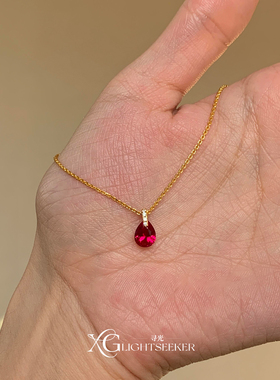 复古爆闪红色水滴闪钻项链女