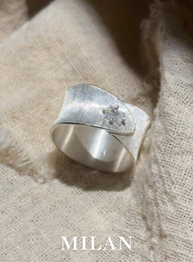 S925纯银色复古拉丝宽版戒指女