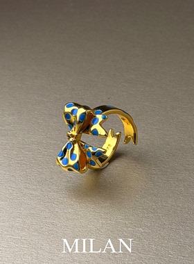 蓝色波点立体蝴蝶结戒指女