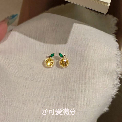 S925纯银复古绿叶小柠檬耳钉女