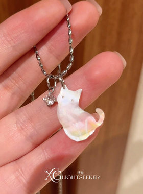 仿白蝶贝小猫咪吊坠项链女