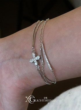 S925纯银双层叠戴十字架手链女