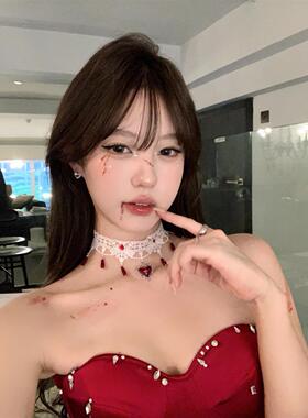 万圣节爱心十字架白色蕾丝项链女