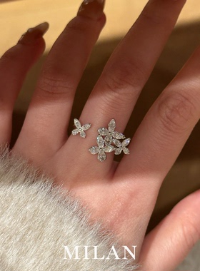 银色爆闪满钻花朵开口戒指女