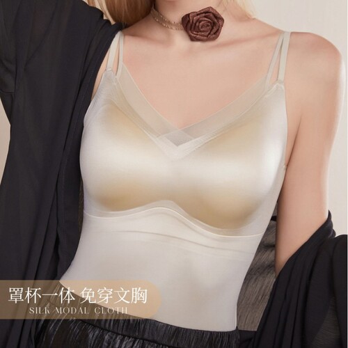 中长款带胸垫女士网纱可外穿西服打底拼接深V抗菌吊带聚拢