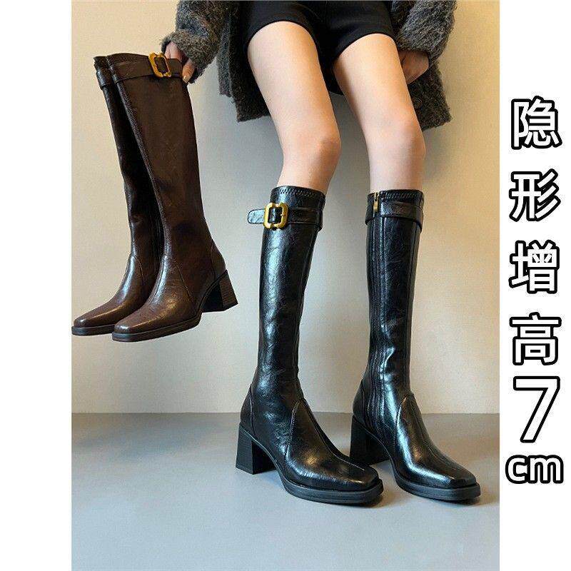 真皮粗跟长筒靴女2026秋冬季新款高筒黑色加绒高跟鞋小个子长靴子