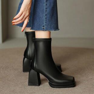软皮高跟弹力短靴女2026年秋冬单靴冬天加绒粗跟方头马丁靴防水台
