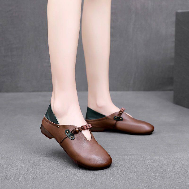 春季新款民族风复古真皮圆头手工扣带子平底软底单鞋女士皮鞋
