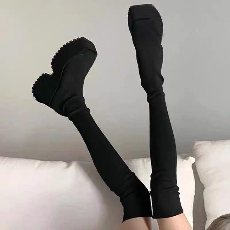 长筒靴增高10.5厘米女过膝靴胖mm粗腿靴增高厚底靴弹力长筒袜大码