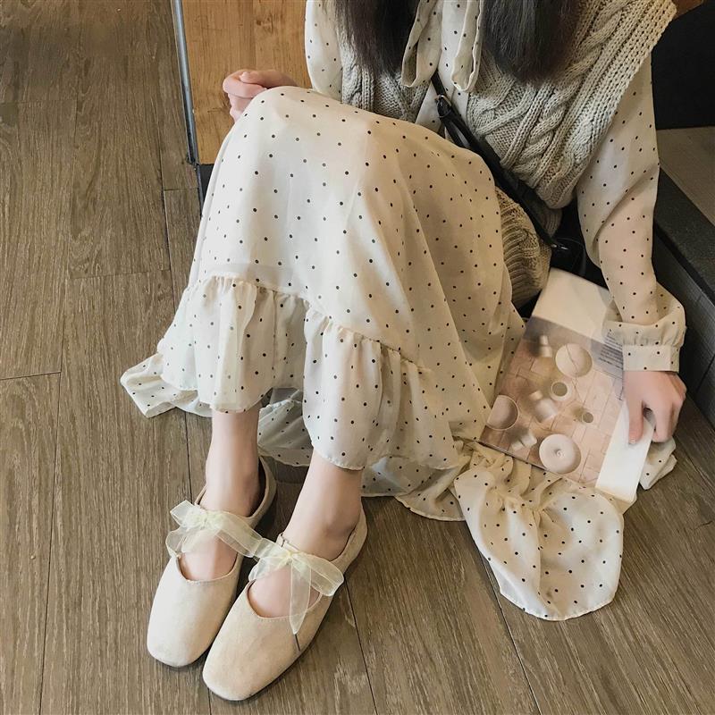 浅口单鞋女春季学生2026新款韩版方头芭蕾鞋丝带平底仙女豆豆鞋子
