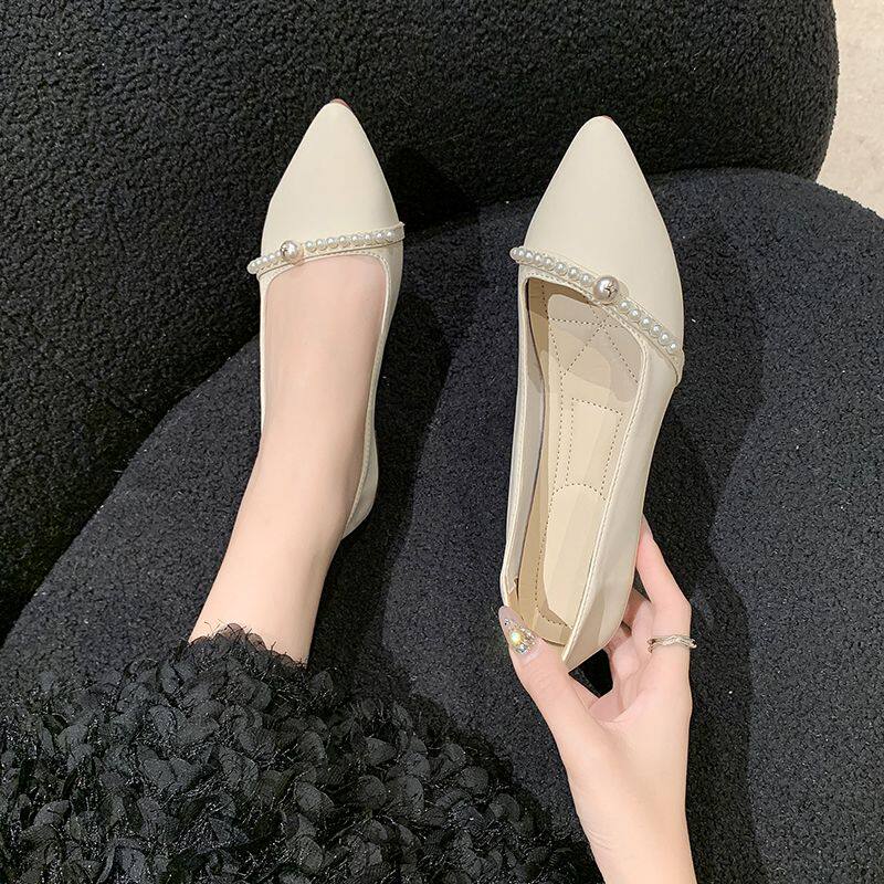 尖头单鞋女浅口珍珠仙女春季新款配裙子基础款休闲瓢鞋孕妇开车鞋