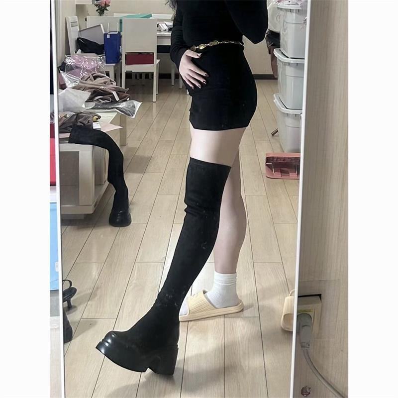 弹力靴女新款显瘦过膝靴冬季厚底欧美风长筒靴高筒骑士长靴瘦瘦靴