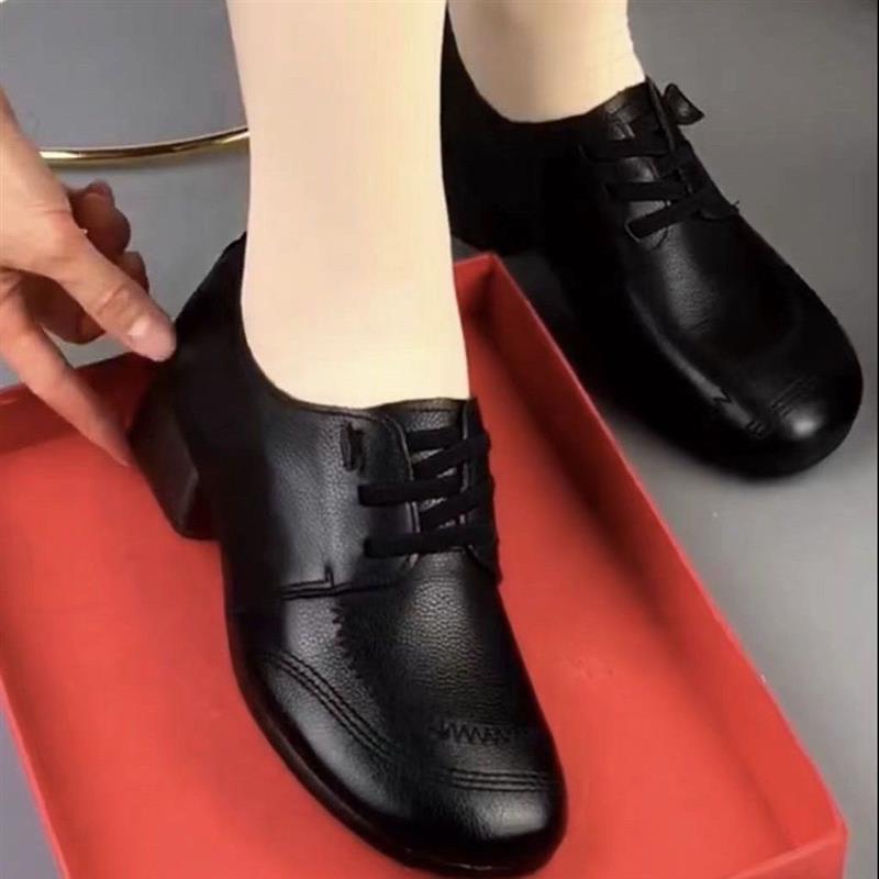 真皮单鞋2026秋新款软皮粗跟牛津软底舒适百搭圆头女鞋妈妈跳舞鞋