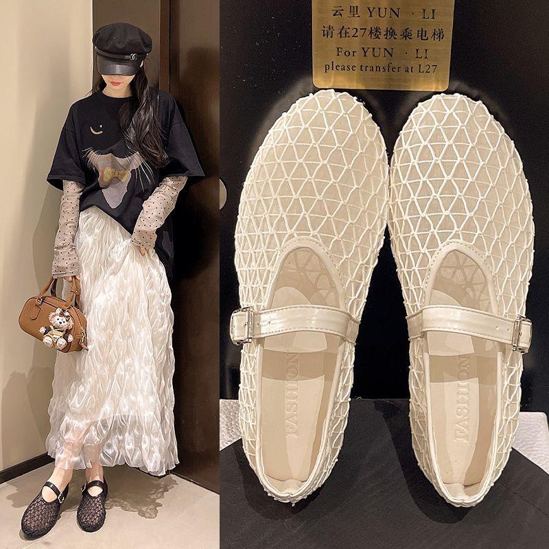35-42码 大码女鞋网纱镂空一字扣玛丽珍单鞋春夏外穿配裙子渔网鞋