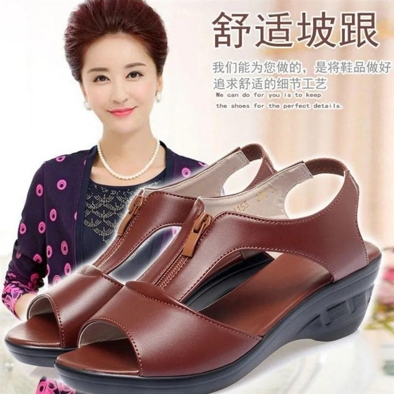 真皮凉鞋202 3新款夏季百塔中跟妈妈鞋防滑软皮妇女平底坡跟鞋子