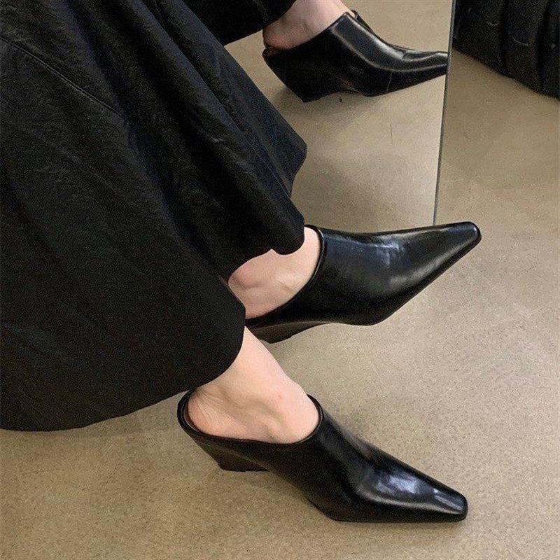 欧美包头半拖鞋女小方头坡跟高跟凉拖时尚外穿粗跟懒人穆勒鞋