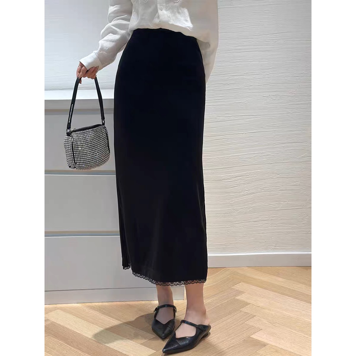 dy2144樱美嘉丝绒纯色中长款女士半身裙百搭时尚蕾丝