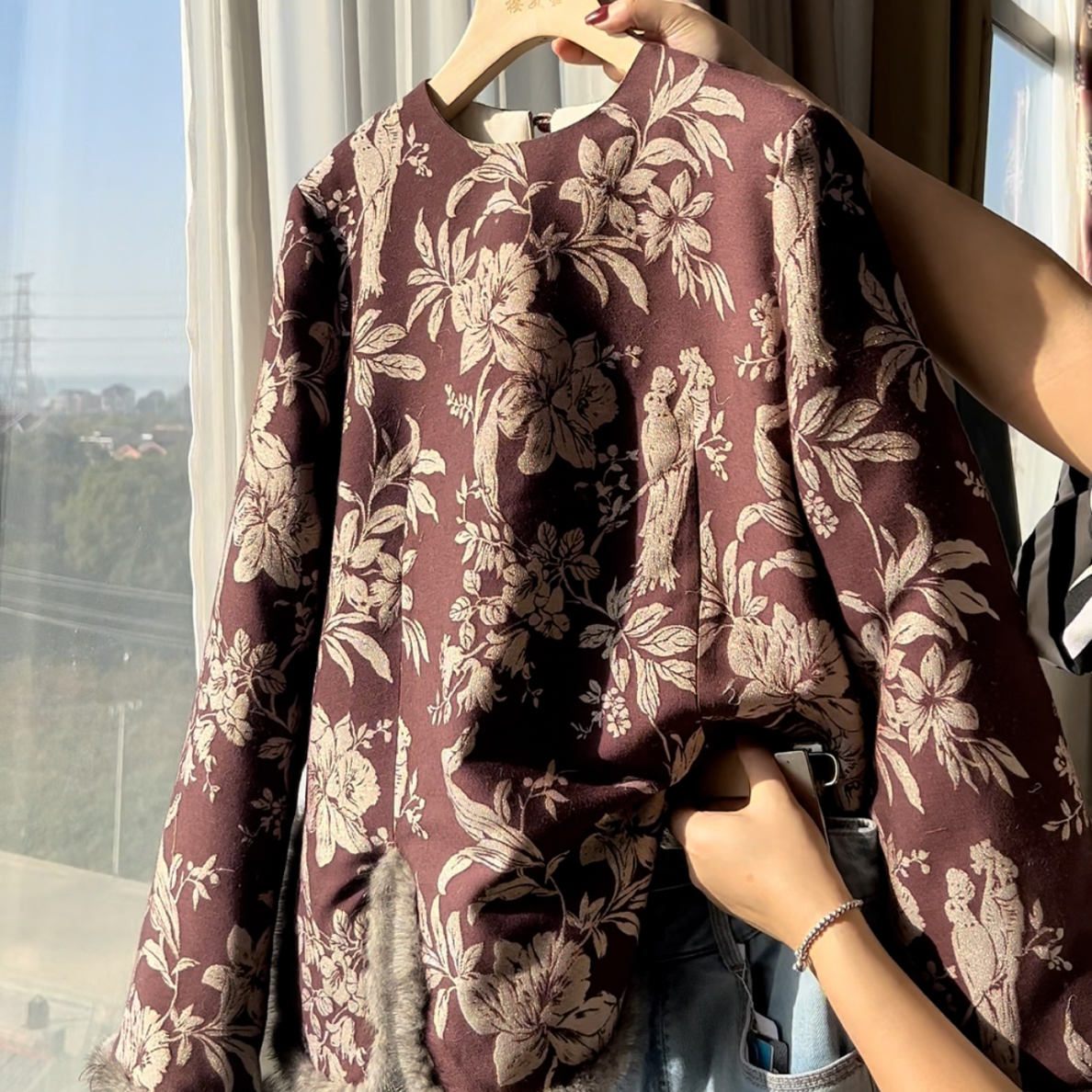 充桑蚕丝DY3340樱美嘉桑蚕丝羊毛水貂毛加棉衬衫新中式圆领织金冬