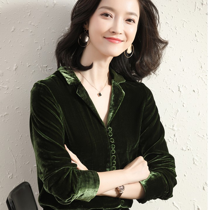 【海草9950】樱美嘉真丝大码西装领多扣桑蚕丝丝绒显瘦百搭衬衫真