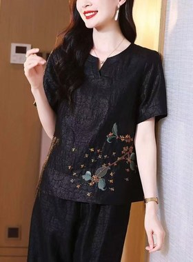 15430 樱美嘉桂花刺绣香云纱真丝上衣女夏圆领短袖桑蚕丝t恤小衫