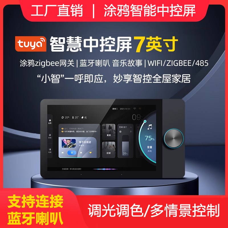 涂鸦智能7寸中控屏背景音乐主机智能调光调色旋钮面板带2路负载