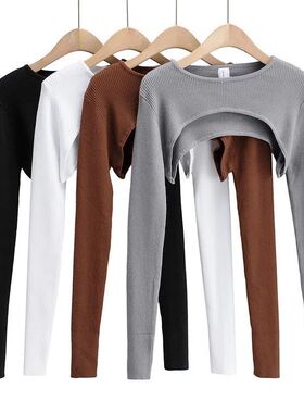 甜辣风长袖超短款罩衫女春秋新款圆领纯色百搭T恤袖套外搭罩衣潮