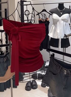 甜辣玫瑰花朵一字肩抹胸背心T恤女夏季多种穿发修身别致辣妹上衣