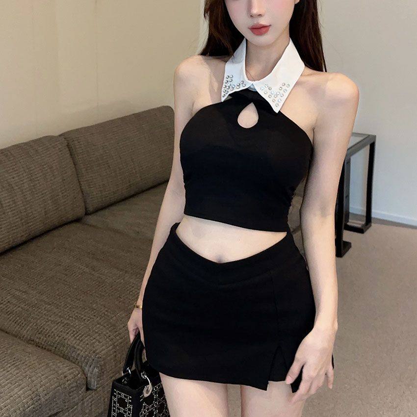 高级感重工镶钻气质polo领短款上衣女性感露背泰国辣妹挂脖背心夏