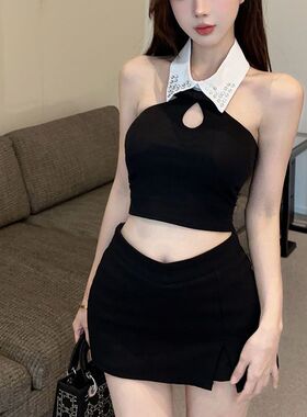 高级感重工镶钻气质polo领短款上衣女性感露背泰国辣妹挂脖背心夏