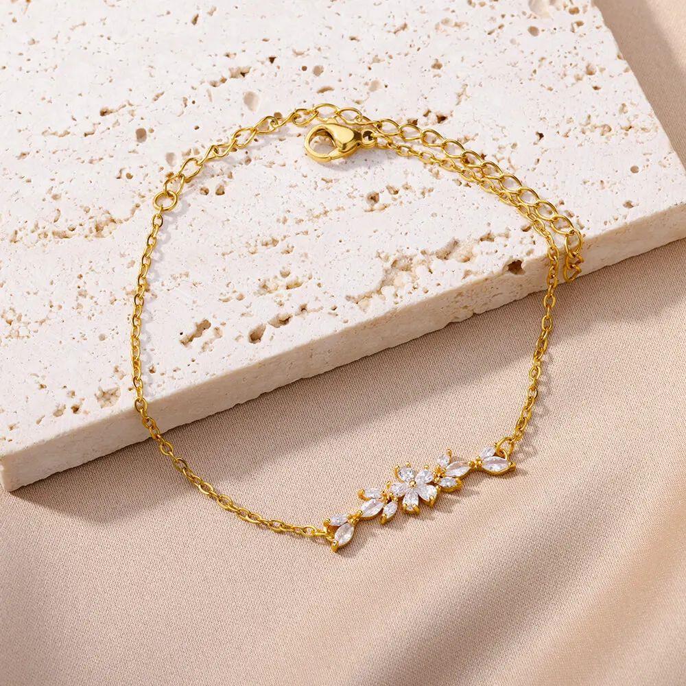 Elegant Zircon Flowers Bracelet For Women Girls Charm Gold C
